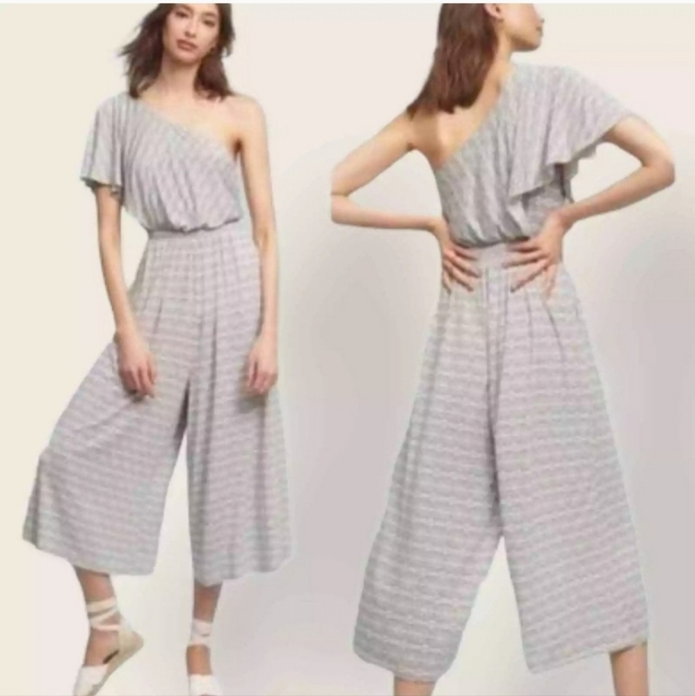 Anthro MaEve Jamie One Shoulder Capri Jumpsuit POCKETS Tribal Black White Small